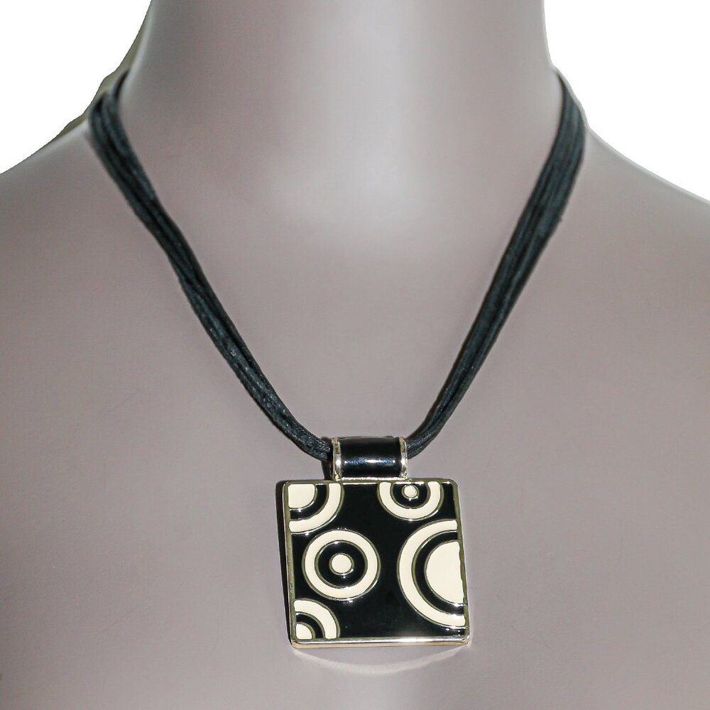 Black White Leather Strap‎ Geometic Square Pendant Necklace Adjustable Length